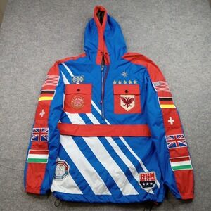Reason Jacket Mens Small Blue Red Hooded Windbreaker Flags Patch Pullover Anorak